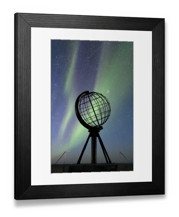 Framed Print : Steel globe at North Cape with northern lights Framed Print : Steel globe at North Cape with northern lights