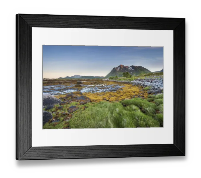 Framed Print : Rocky coast with grass and seaweed