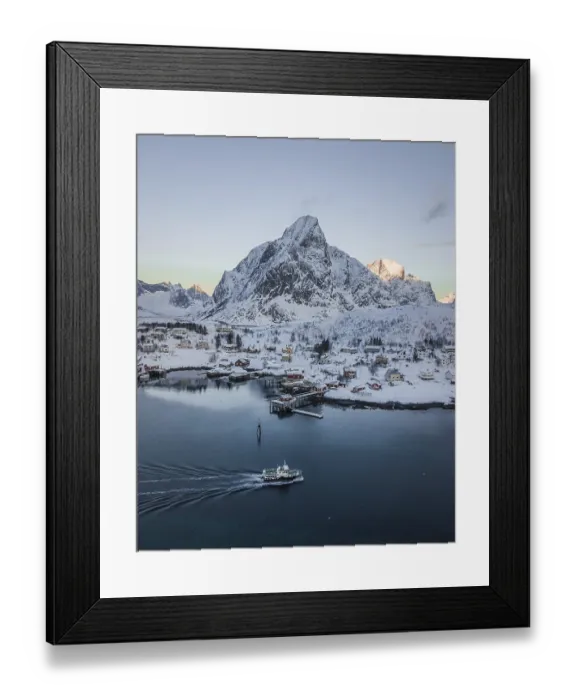 Framed Print : Place Reine voe snowy mountains with passenger boat