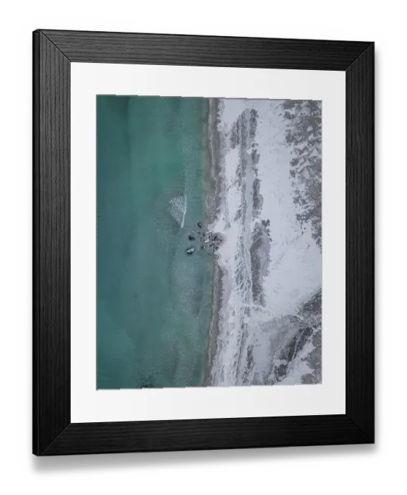 Framed Print : Aerial view, snowy beach, coast, Flakstad, Norway Framed Print : Aerial view, snowy beach, coast, Flakstad, Norway