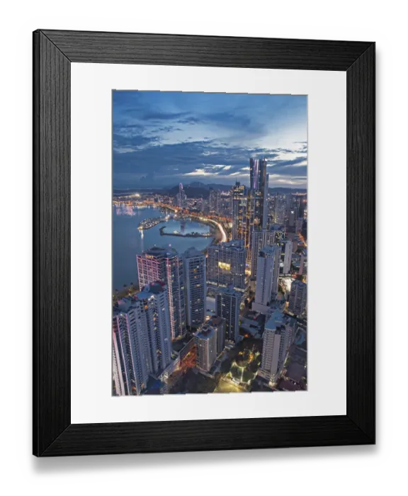 Framed Print : City view, skyscrapers at dusk