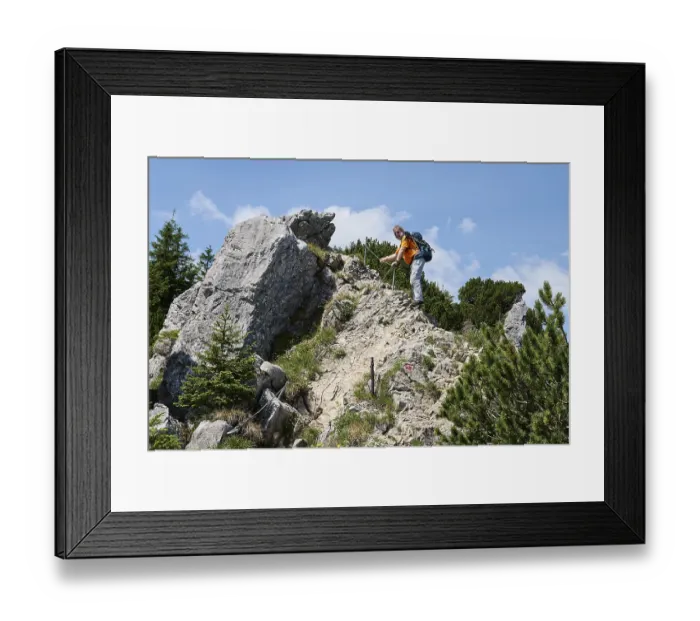 Framed Print : Hiker, senior citizen, 65, walking on a secured climb at the Brecherspitze Framed Print : Hiker, senior citizen, 65, walking on a secured climb at the Brecherspitze