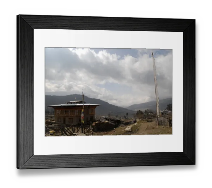 Framed Print : Farm house and prayer flags, Ura village