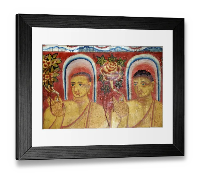 Framed Print : Theravada Buddhism, old mural, Buddhas with halos holding flowers in their hands Framed Print : Theravada Buddhism, old mural, Buddhas with halos holding flowers in their hands