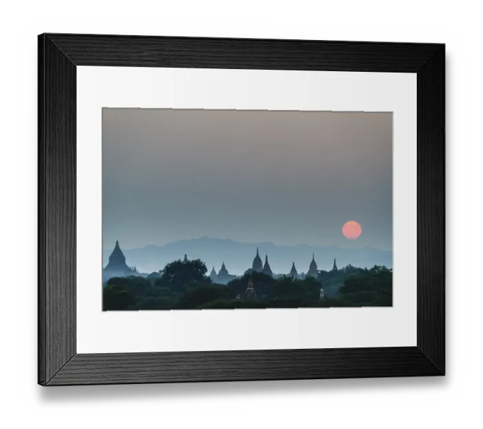 Framed Print : Sunrise, temples in the morning mist