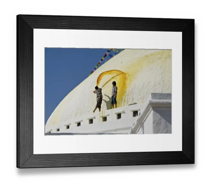 Framed Print : Workers renewing the yellow paint of Boudnath Stupa