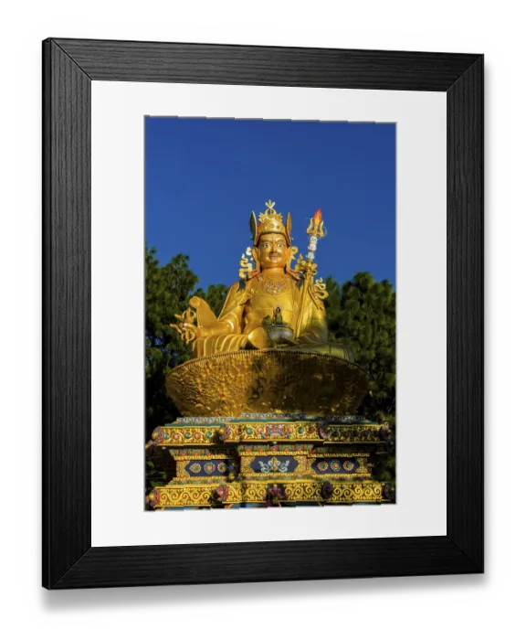 Framed Print : Big golden statue of Padmasambhava at back of Swayambhunath temple