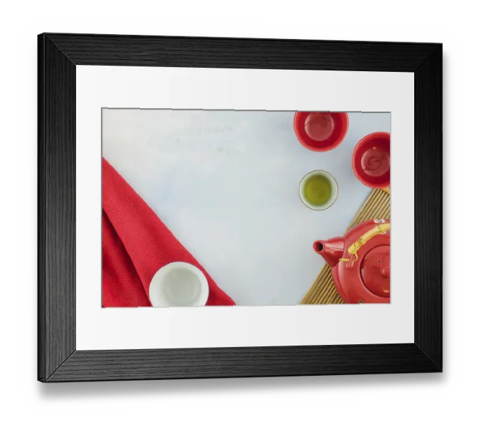 Framed Print : Overhead view chinese teapot teacups white background