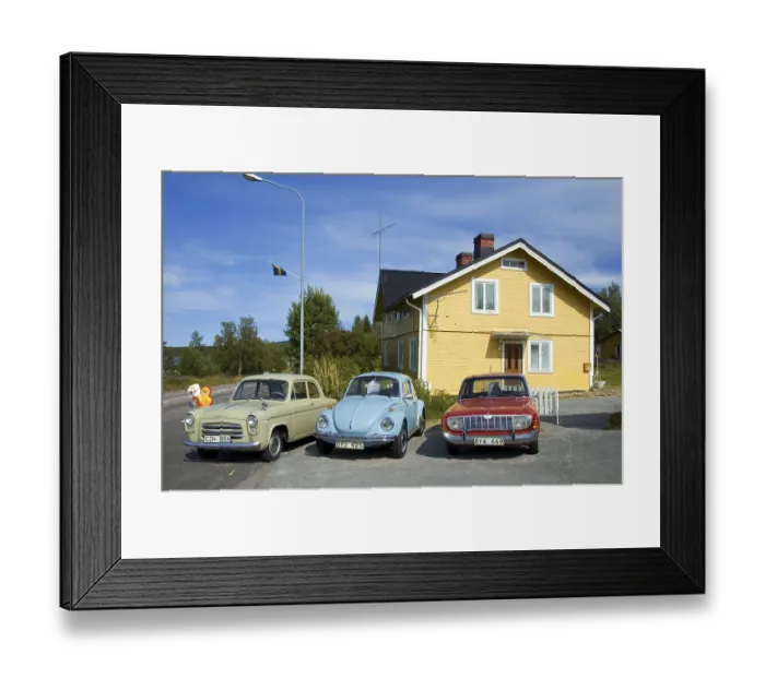 Framed Print : Classic car, Ford Anglia 1957, VW 1303s 1974