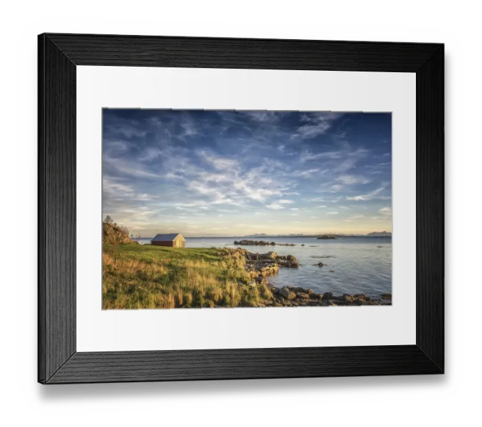 Framed Print : Fisherman's cabin on the fjord in the evening light