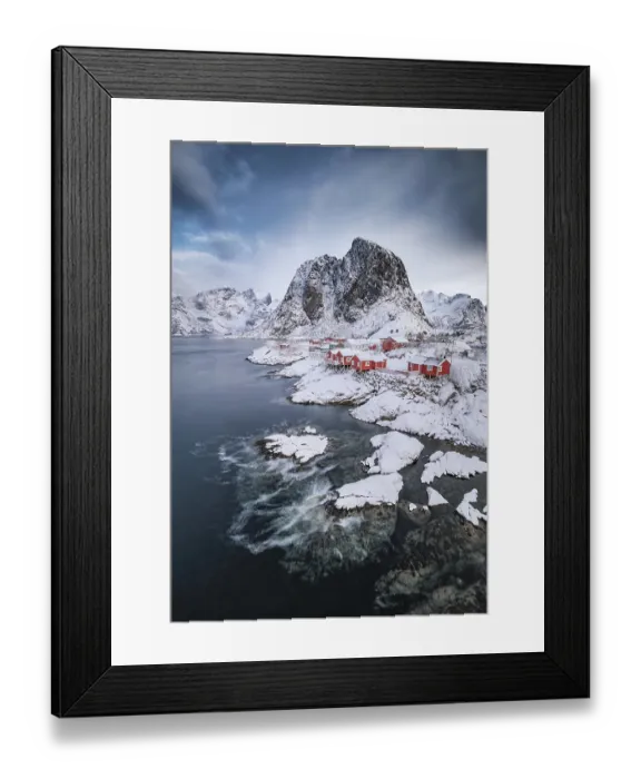 Framed Print : Rorbuer fishermen's cabins on the snowy fjord Framed Print : Rorbuer fishermen's cabins on the snowy fjord