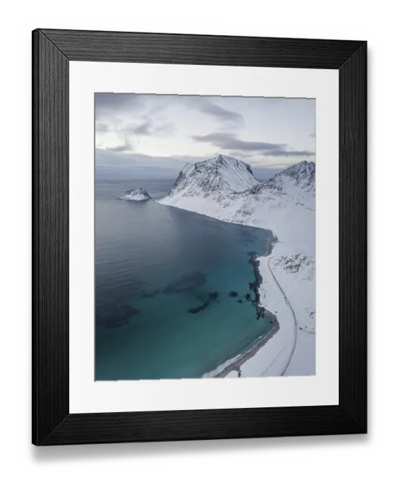 Framed Print : Aerial view, Haukland Beach in winter, Norway Framed Print : Aerial view, Haukland Beach in winter, Norway