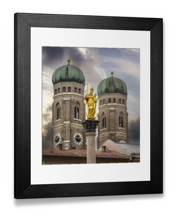 Framed Print : The towers of the Frauenkirche in Munich and the golden sculpture of Mary