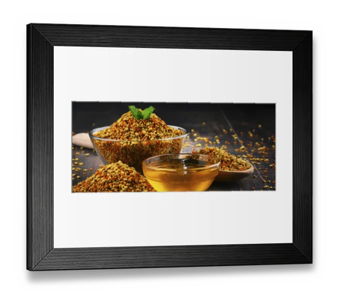 Framed Print : Bowls with bee pollen and honey on kitchen table Framed Print : Bowls with bee pollen and honey on kitchen table