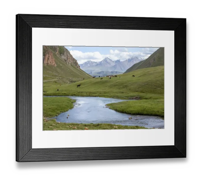 Framed Print : Farm animal feeding at river, Tien Shan mountains
