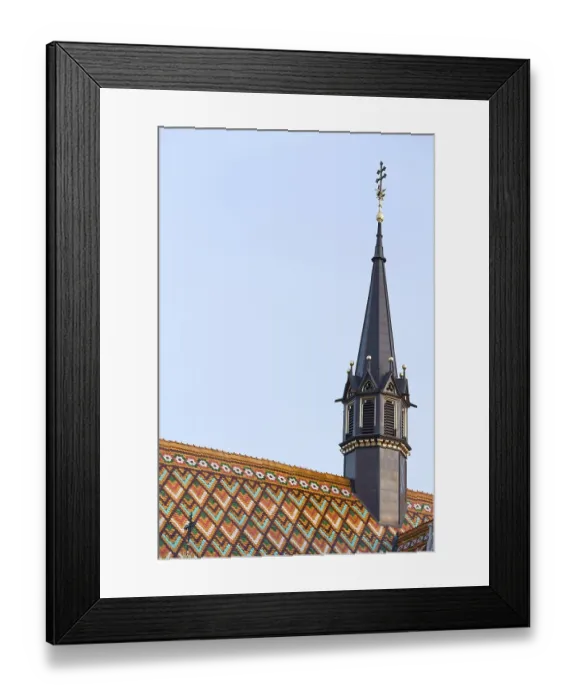 Framed Print : Spire and diamond shape roof tiles of the Matthias Church in Budapest