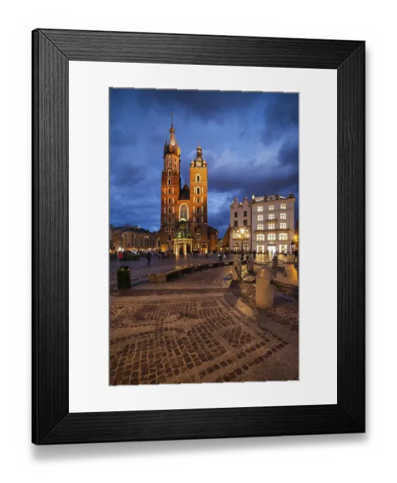 Framed Print : St. Mary Basilica and Old Town Main Square at night in city of Krakow