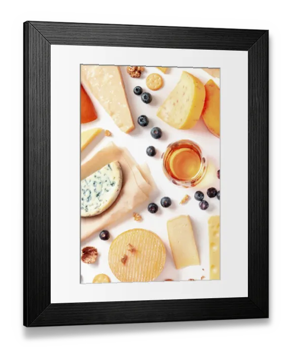 Framed Print : Cheese and wine tasting and pairing flat lay on a white background Framed Print : Cheese and wine tasting and pairing flat lay on a white background