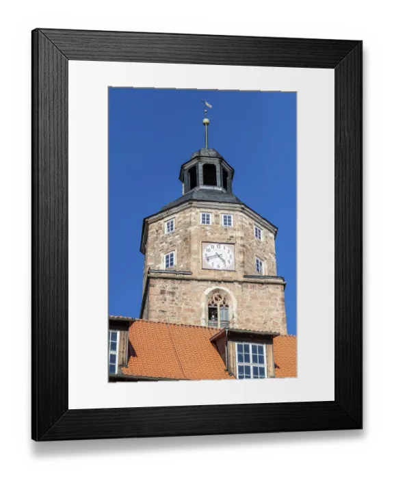 Framed Print : Historic tower with clock in the city Wasungen Framed Print : Historic tower with clock in the city Wasungen
