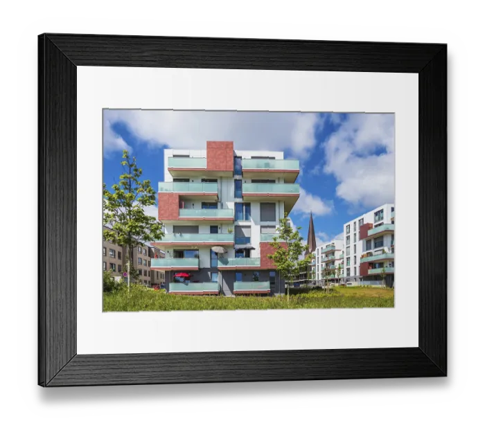 Framed Print : Modern buildings and St Peter's Church in the Hanseatic city of Rostock Modern buildings
