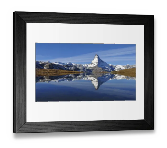 Framed Print : Snow capped Matterhorn mirroring in lake Stellisee