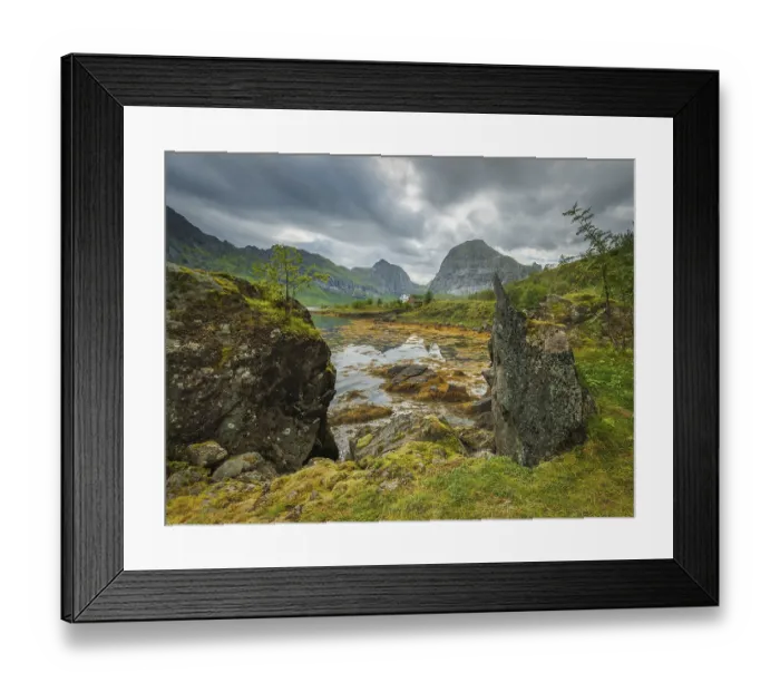 Framed Print : Rocky fjord bay overgrown with moss