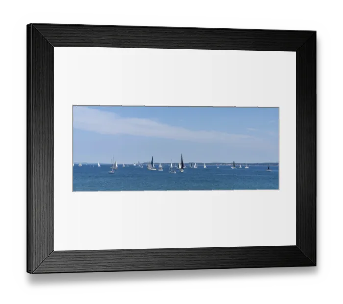 Framed Print : Helsingor, Denmark - 17 June 2021: panorama view of many sailboats sailing on a calm blue ocean