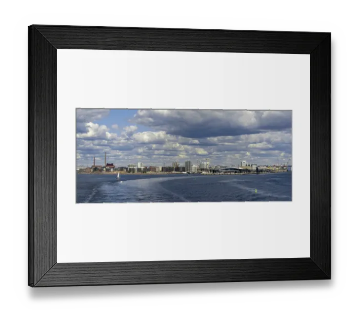 Framed Print : Helsinki, Finland: 5 August, 2021: view of the skyline of downtown Helsinki and the ferry harbor