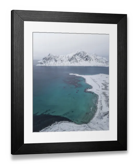 Framed Print : Aerial view, snowy beach, coast, Flakstad, Norway