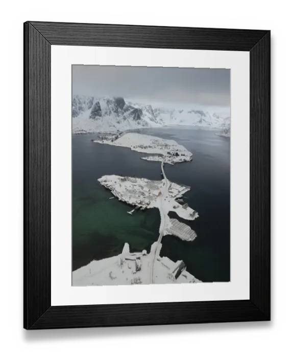 Framed Print : Aerial view, place Reine with islands in winter Framed Print : Aerial view, place Reine with islands in winter