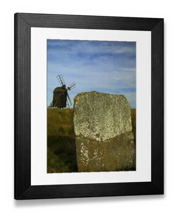Framed Print : Runestone and windmill, Island Oland, Sweden Framed Print : Runestone and windmill, Island Oland, Sweden