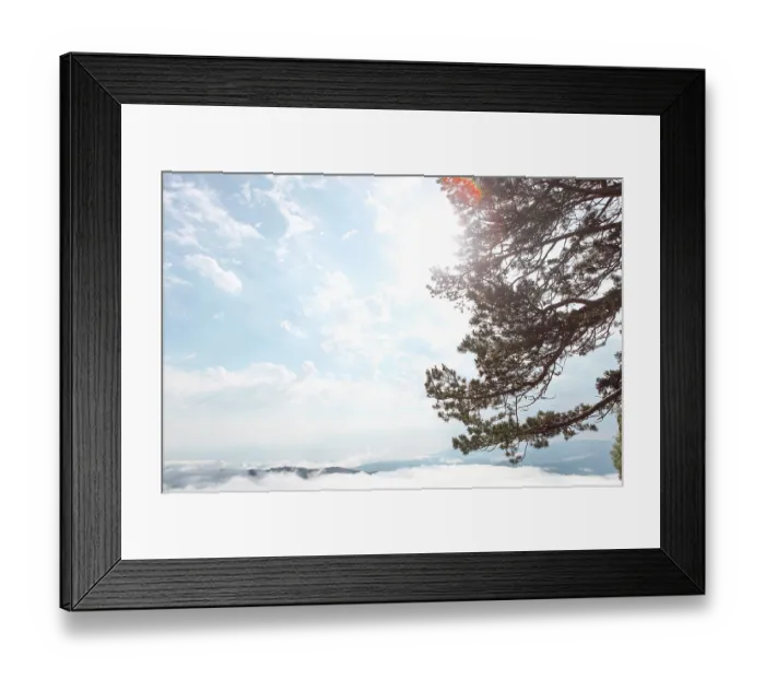 Framed Print : Evergreen trees and beautiful mountains with clouds in sunny day