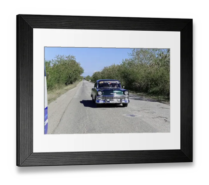 Framed Print : Cuba, Cuba, Central America, Green vintage car travelling on a rural road