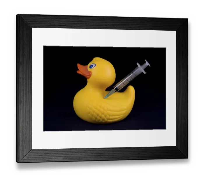 Framed Print : Doping duck with syringe