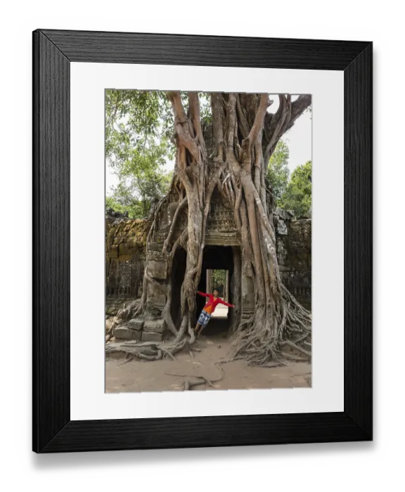 Framed Print : Girl at a gopuram, Strangler fig (Ficus altissima) wraps a relief Framed Print : Girl at a gopuram, Strangler fig (Ficus altissima) wraps a relief