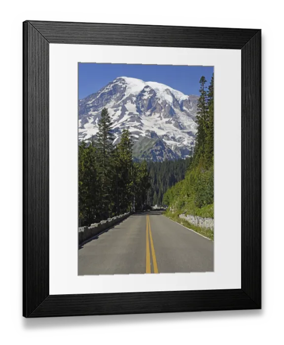 Framed Print : Snow-capped summit of Mount Rainier and road Framed Print : Snow-capped summit of Mount Rainier and road