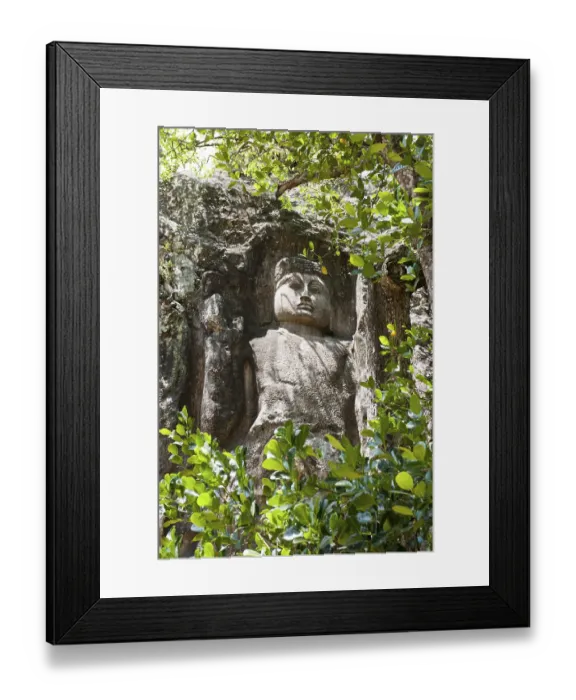 Framed Print : Rock relief, Buddha figure behind green leaves