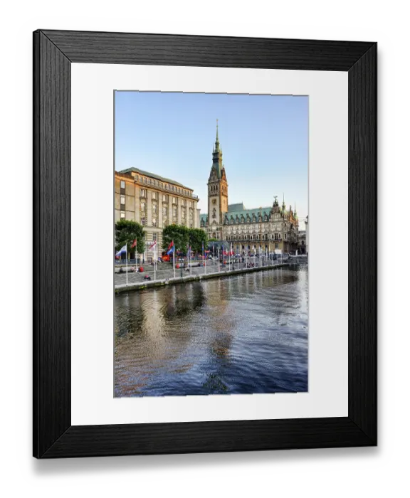 Framed Print : City hall, Reesendamm and Kleine Alster canal in Hamburg