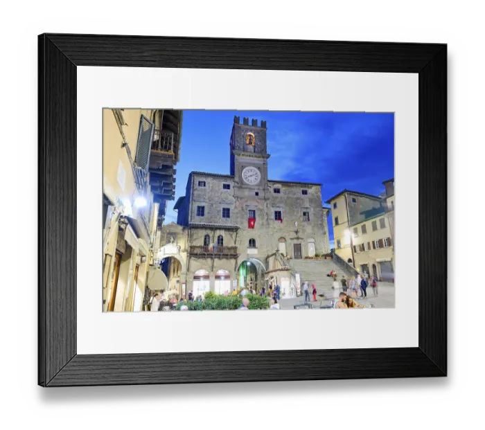 Framed Print : Cortona Arezzo Tuscany Italy. Palazzo del Popolo in Piazza della Repubblica at sunset