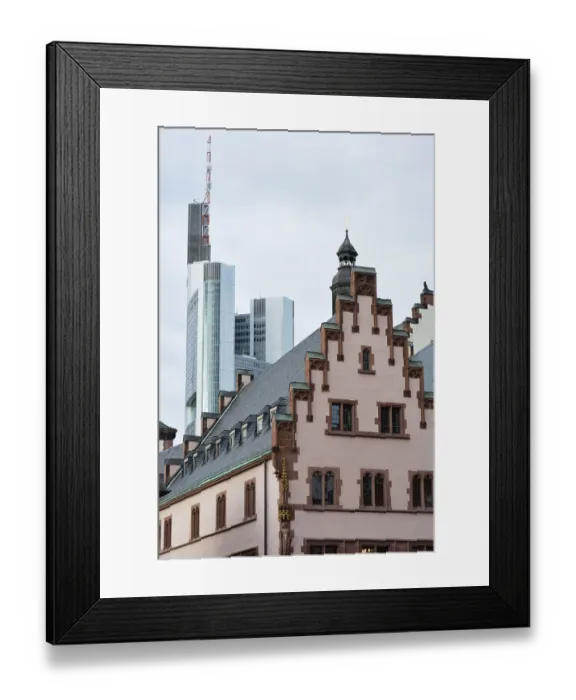 Framed Print : The historic town hall of Frankfurt with a skyscraper in the background