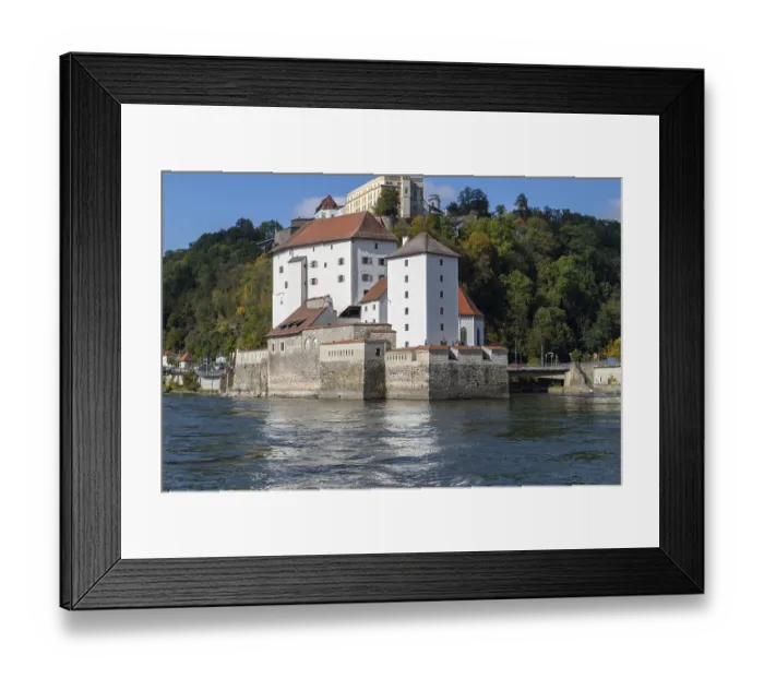 Framed Print : View at fortress Veste Oberhaus in Passau during a ship excursion in autumn with colorfull trees