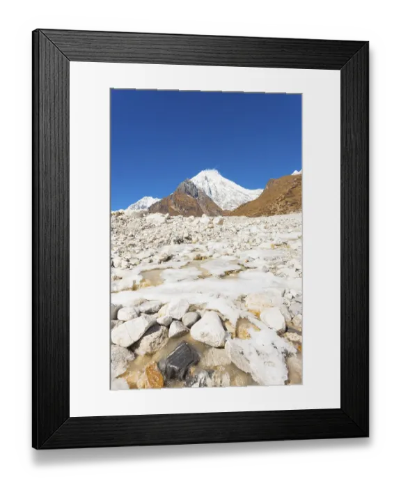 Framed Print : Icy alpine river running through white rocky terrain landscape at high elevation alpine tundra with Langtang Lirung Framed Print : Icy alpine river running through white rocky terrain landscape at high elevation alpine tundra with Langtang Lirung