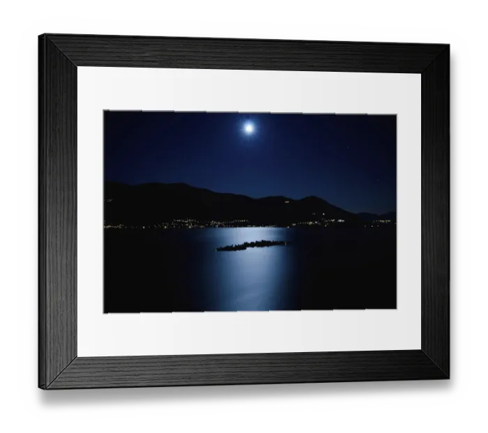 Framed Print : Aerial View with Moon Light Reflected over an Alpine Lake Maggiore with Brissago Islands