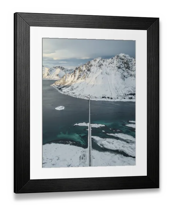 Framed Print : Aerial view, fjord landscape in winter with Gimsoystraumen bridge