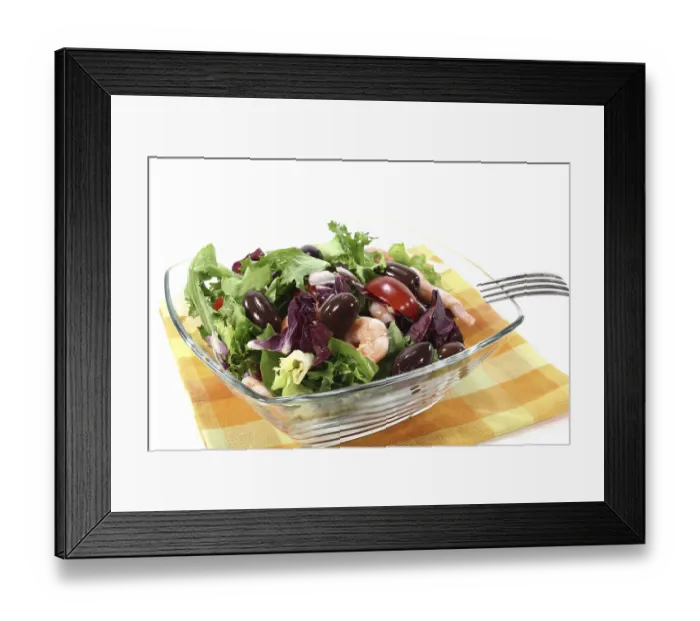 Framed Print : Mixed salad with prawns, tomatoes and olives