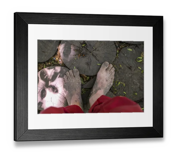 Framed Print : Feet of a man on tree discs on the Wuppenau barefoot path on Nollen