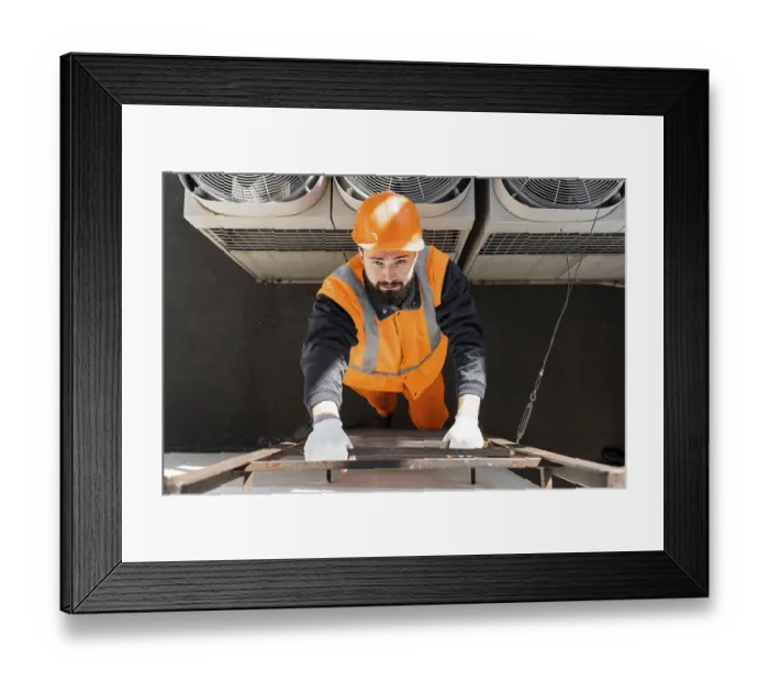 Framed Print : Full shot man climbing ladder