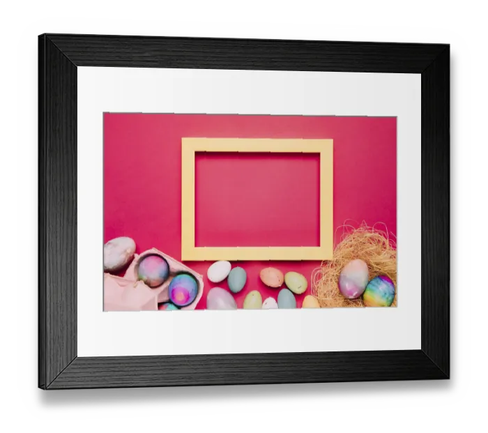 Framed Print : Empty yellow frame with colorful easter eggs pink background Framed Print : Empty yellow frame with colorful easter eggs pink background