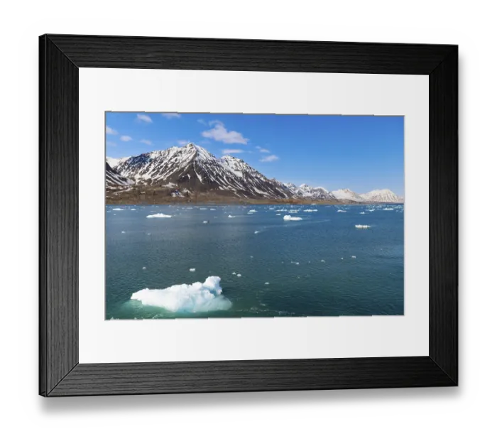 Framed Print : Mountain tops, snow, sea, Konowbreen