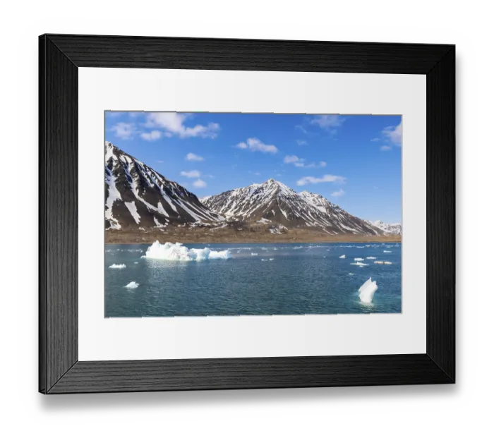 Framed Print : Mountain tops, snow, sea, Konowbreen
